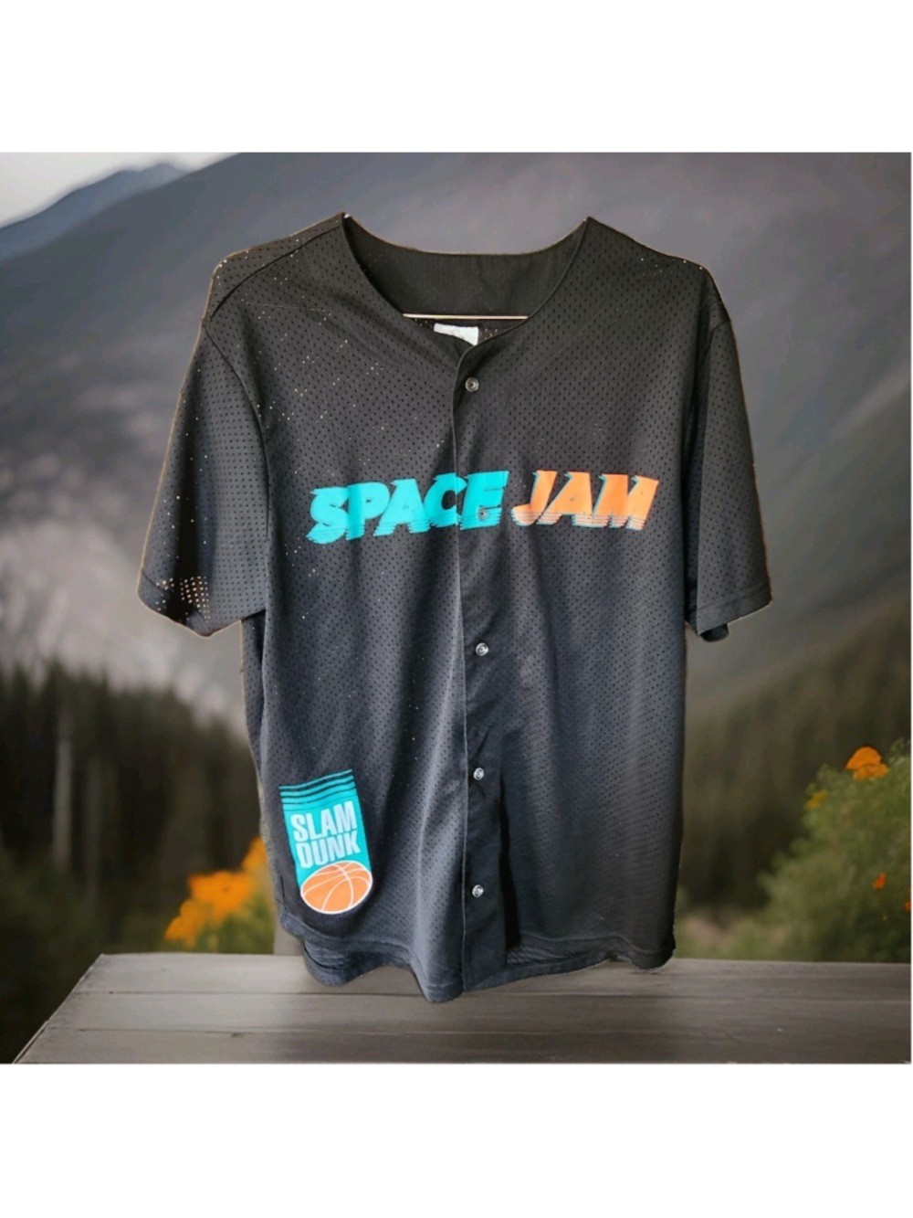 Space Jam A New Legacy Button Up Shirt Mesh Jersey Large Tune Squad Short Sleeve
